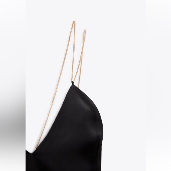 Zara gold chain strap satin effect mini dress black XS 7969/042 LBD - Picture 8 of 12